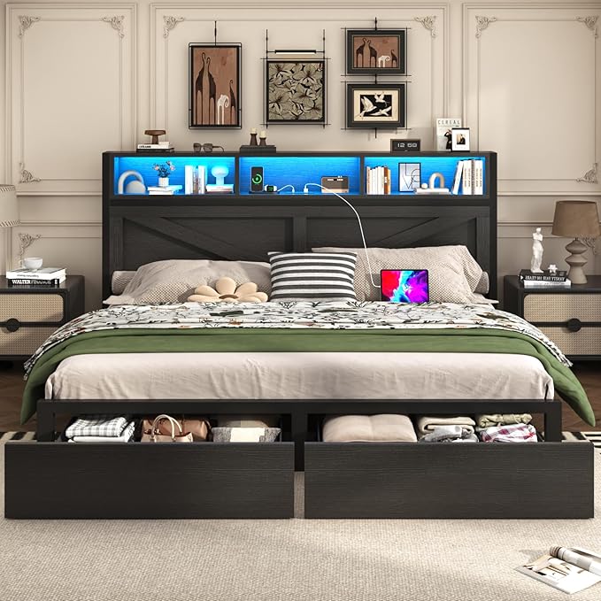 Farmhouse King Bed Frame with Bookcase Storage Headboard, Charging Station, LED Light and 2 Storage Drawers, Noise Free, No Box Spring Needed, Black