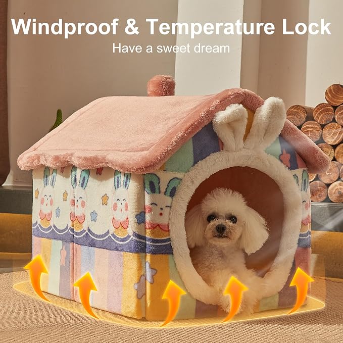 Cute Small Dog House Indoor,Foldable House Kennel Bed Mat with Cushion | L Size Tent for 11-16 lb Dogs and 18-22 lb Cats, Dog Cave Bed with Non-Slip Bottom,Rainbow,Soft Cozy Dog Cave Bed