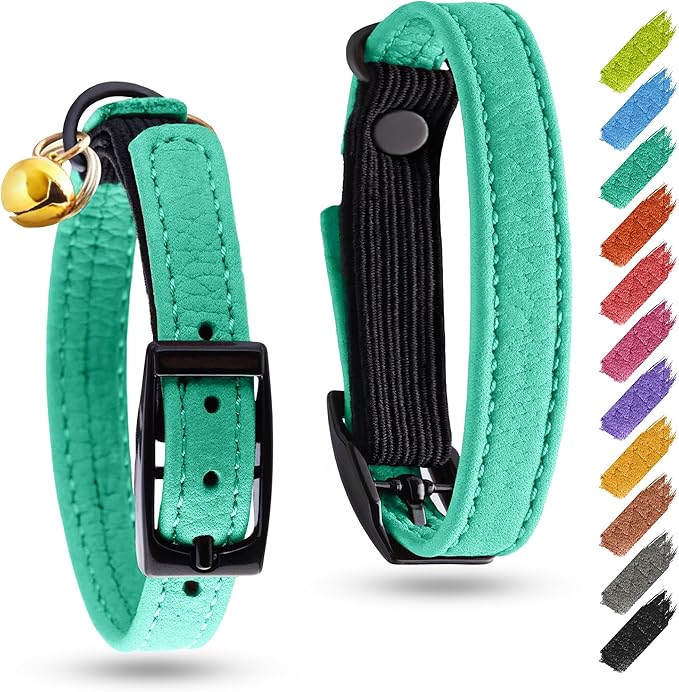 Leather Cat Collar with Bell and Safety Elastic Strap Breakaway Alternative for Small & Large Kittens, Stylish Pet Leather Collar for Boy, Girl Cats with Metal Buckle & QR ID Tag (Mint)