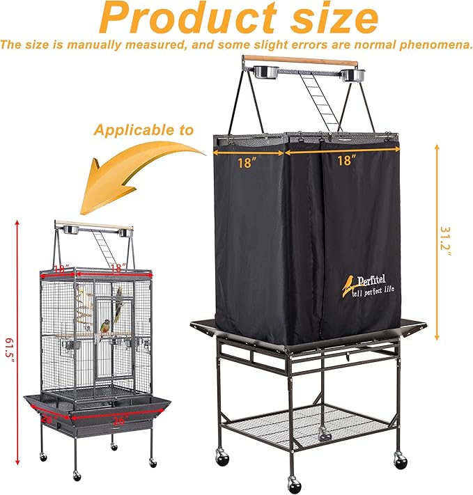 Bird Cage Cover(Black) Good Night Birdcage Cover Black-Out Birdcage Cover Durable Breathable Washable Material… (61 inch)