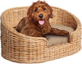 DBD1000B Curvy 28.5" x 17.25" Classic Handwoven Rattan Pet Bed with Machine-Washable Cushion, Light Brown
