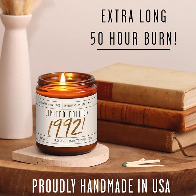 33rd Birthday Gifts for Women - 'Limited Edition 1992' Soy Candle, w/Champagne on Ice I 33 Birthday Gifts for Women I 33rd Gift for Her Ideas I 9oz Reusable Jar, 50Hr Burn, Made in USA