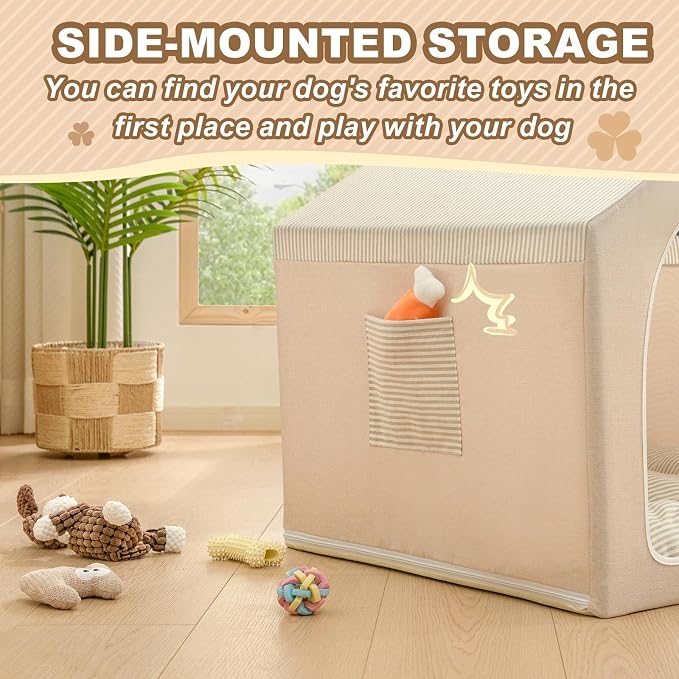 Indoor Dog House with Frame,Cute Dog Tent Bed with Cover Cave,Beige | Breathable,Washable,and Foldable House, Suitable for 22-40 Lb, Large (25"×25"×25"),Inside Dog House