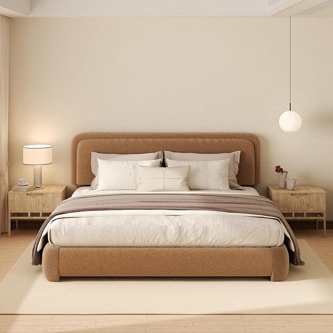 King Boucle Platform Bed Frame with Height Adjustable Headboard, Modern Upholstered Cloud Bed, Sleek Curved Design, No Box Spring Needed, Noise Free, Easy Assembly, Camel