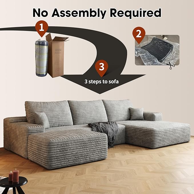 108" Sectional Couches for Living Room Modern Modular Sofa with L-Shape Couchs Upholstered Boneless Couch Deep Seat Sectional Couch with Chaise (Grey, Right Facing Chaise+2Seaters+1Ottoman)