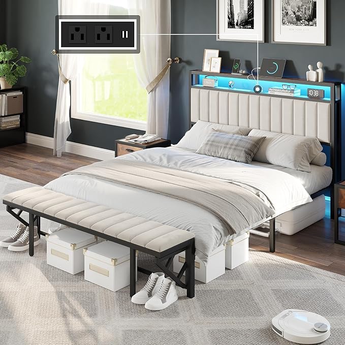 Full Bed Frame with Folding Bench and Charging Station, Velvet Upholstered Headboard with LED Light and Storage Shelf, Heavy Duty Metal Slats/No Box Spring Needed/Easy Assembly, Beige