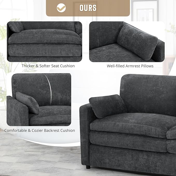 69" Chenille Modern Couch with Cozy & Soft Backrests, 2 Seats Sofa with 2 Extra Pillows, Comfy Upholstered Sofa with Thicker Cushions for Living Room, Office, Grey