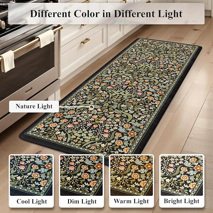 Collive Kitchen Mats for Floor 2PCS, Cushioned Anti Fatigue Mat Non Slip Waterproof Kitchens Sink Rug, Vintage Spring Floral Rugs Comfort Standing Mat for Laundry, Desk, Bar, Office, Black