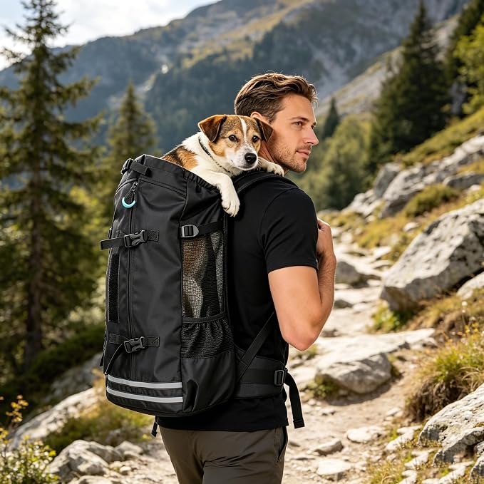 Big Dog Backpack Carrier, Grey-L | Extra Large Pet Carrier for 66lbs Dogs, Fully Adjustable Water-Resistant Dog Travel Bag for Hiking Cycling Outdoor Adventures