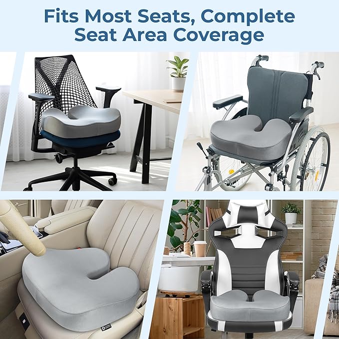 5 STARS UNITED Seat Cushion for Tailbone Pain Relief – Large Memory Foam Cushion for Coccyx, Hip, Sciatica & Post-Surgery Recovery – Wheelchair, Car, Desk, Gaming & Office Chairs, Light Gray