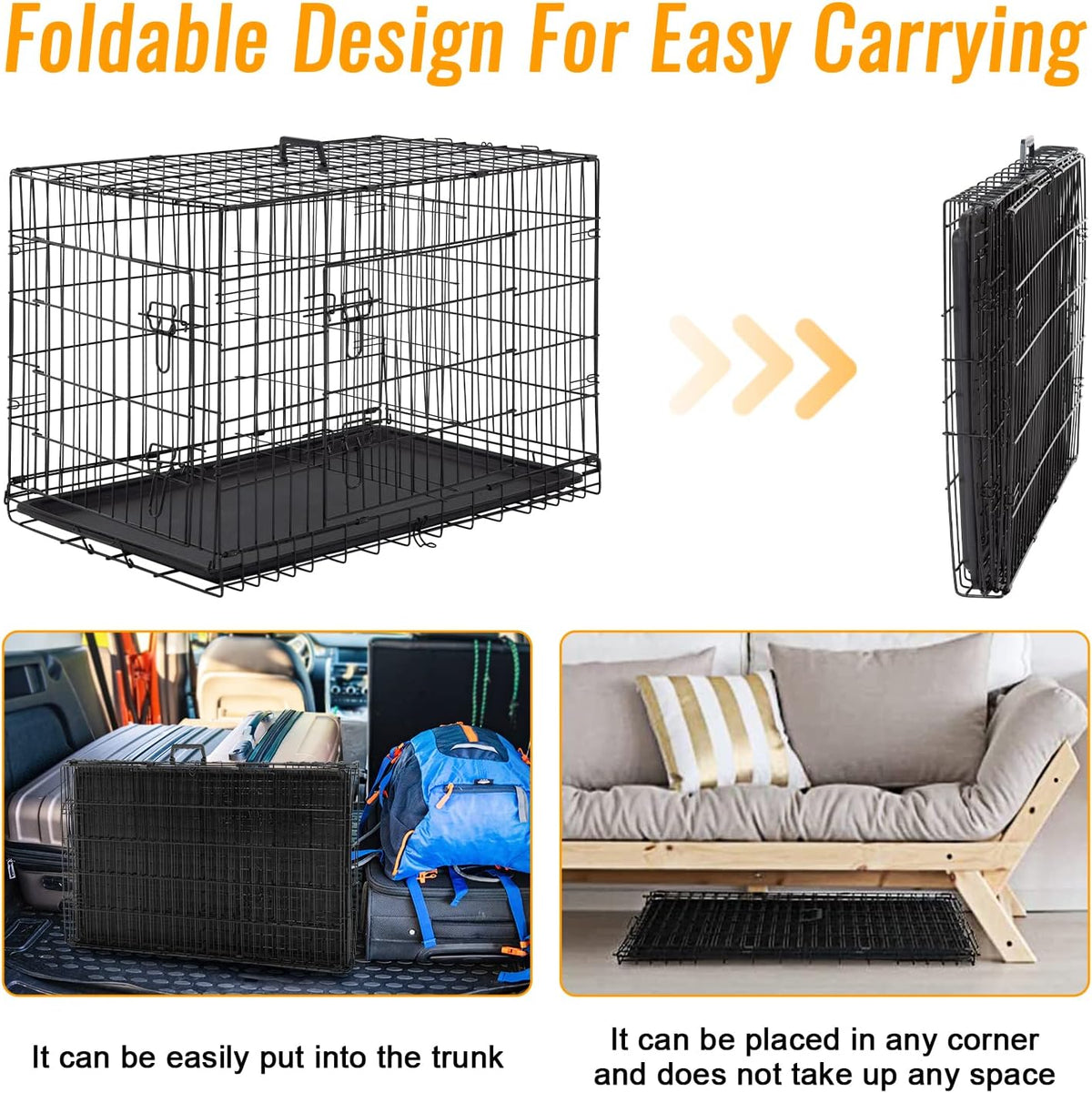 FDW Dog Crate for Medium Dogs 30 Inch Folding Metal WirePet Cage Double Door W/Divider Panel Indoor Outdoor Kennel Leak-Proof Plastic Tray,Black