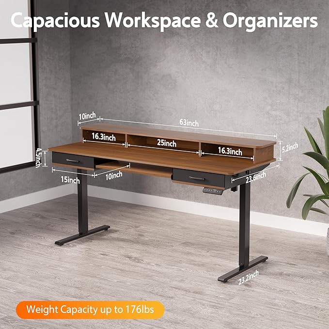 63 Inches Electric Standing Desk with Keyboard Tray, Height Adjustable Sit to Stand Table with 2 Drawers, Ergonomic Home Office Desk with Storage Shelf, Computer Table, Black Walnut