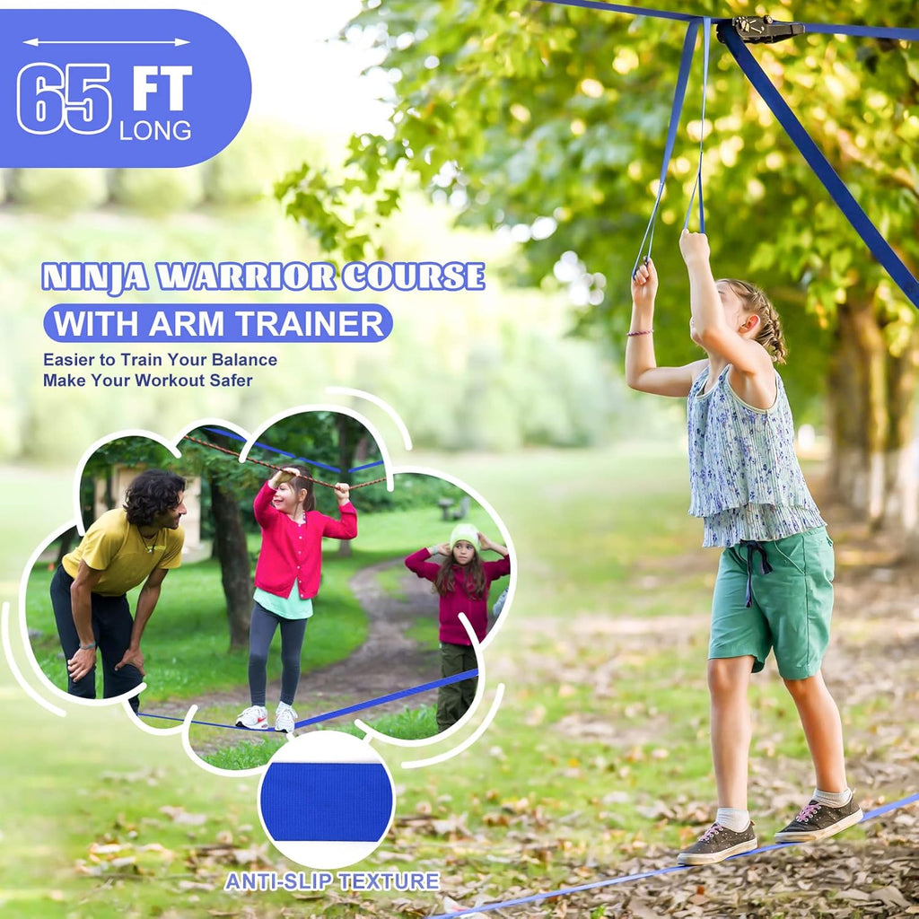 2x65 FT Ninja Warrior Obstacle Course for Kids with 13 Ninja Accessories - 600lbs Weight Capacity, Slackline with Swing Seat, Disc Swing, Ninja Wheel, Rope Ladder, Monkey Bar, Ninja Ring, Arm Trainer