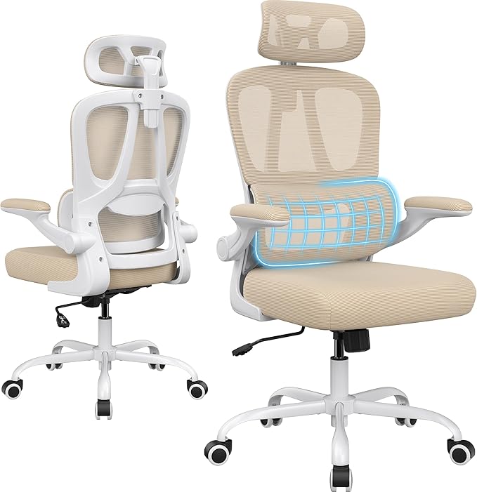 Farini Ergonomic Office Chair, Desk Chair with Headrest and Lumbar Support, High Back Swivel Home Office Chair with Headrest for Home Office Bedroom, Gifts, White & Khaki