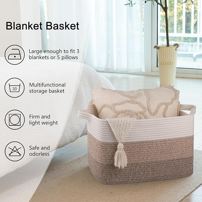 OIAHOMY Cotton Rope Basket, Rectangle Woven Baskets for Storage, Nursery Blanket Storage Living Room, Toy Basket With Handle-17.7”x13.8”x11”-Gradient Yellow