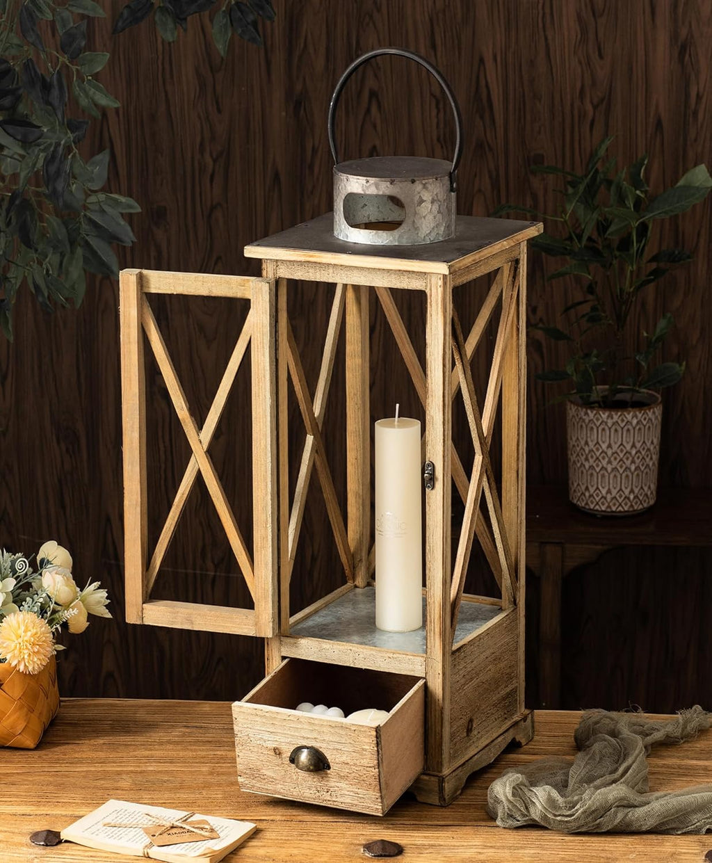 TIMRIS Large Farmhouse Wooden Candle Lantern Set of 2, Rustic Floor Candle Lanterns with Drawer, Vintage Hurricane Lantern Holder for Indoor Outdoor Decor (No Glass)