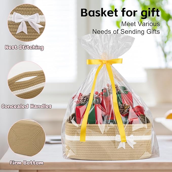 OIAHOMY Large Woven Storage Basket with Handles for Nursery Living Room Shelves, Bow Basket for Gifts Empty with Gift Bags and Ribbons for Baby Showers Pet Toy Bin - Yellow