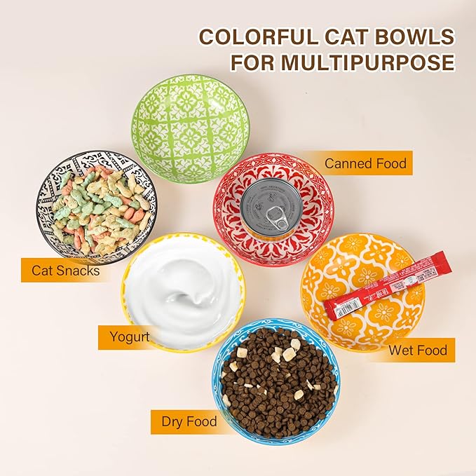 Ceramic Cat Dishes for Food - Colorful Cute Cat Bowl Set of 6 - Wide, Shallow, Whisker Friendly - Microwave and Dishwasher Safe - 8.5 oz - 5.75 inch