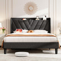 koorlian Queen Bed Frame with Headboard, Adjustable Upholstered Platform Bed Frame with Type-C&USB Ports, Wingback Storage Headboard, Solid Wood Slats Support, No Box Spring Needed, Dark Gray