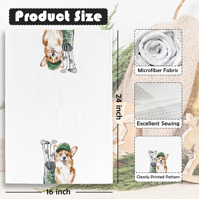 Golf Dog Kitchen Towels - Corgi Dish Towels, Sports Gifts, Pet Golf Club Decorative Absorbent Dishcloths Hand Towels Set of 2 for Spa Kitchen Gym Decor 16x24 Inches