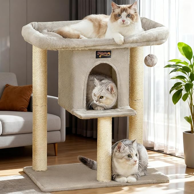 Cat Tree Tower Scratching Post for Indoor Large Cats, Small Cat Tree with Big Perch Bed, 28in Tall Trees House with Condo Cave, Toy Balls, Modern Climbing Furniture Platform for Kitten (Light Gray)