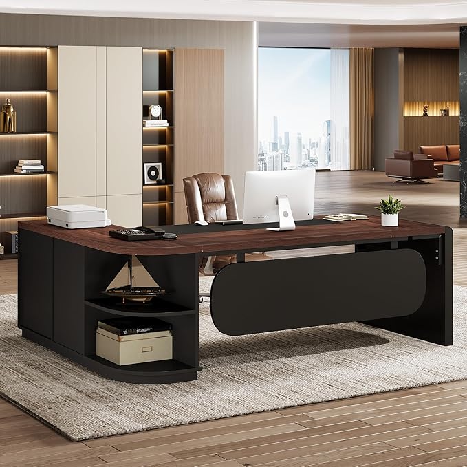 Tribesigns 80'' L-Shaped Desk, Large Executive Office Desk with 55'' Drawers Cabinet, Modern Computer Table with Storage Shelves, Business Furniture for Home Office, Walnut & Black