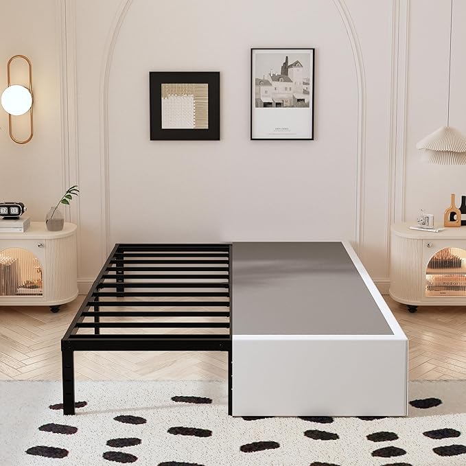 14 Inch King Size Bed Frame with White Fabric Cover, Heavy Duty King Platform Bed Frame Support Up to 3000 lbs, No Box Spring Needed, Easy Assembly, Noise Free, Black