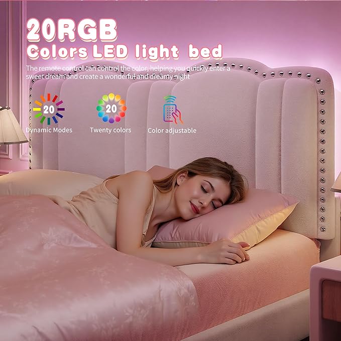 EnHomee Full Size Bed Frame with LED, Velvet Upholstered Headboard and 2 Drawers, Platform Bed Frame with Height Adjustable Headboard, Strong Support, No Box Spring Needed, Easy Assembly, Cream