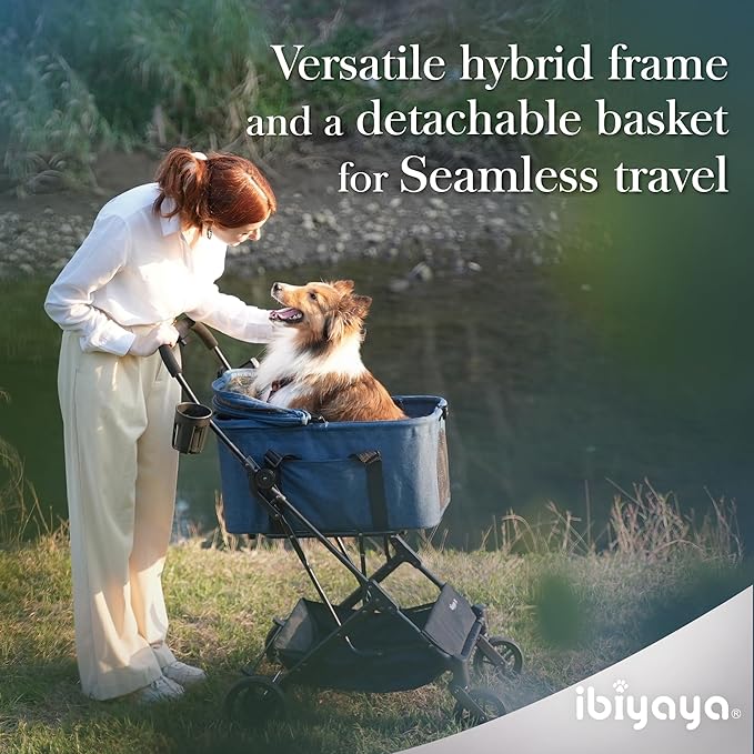ibiyaya Essential – Travois Tri-Fold Pet Travel System for Medium Dogs, Cats, and More, 3 in 1 Dog Stroller with Detachable Carrier, XL Cabin (Nautical Blue)