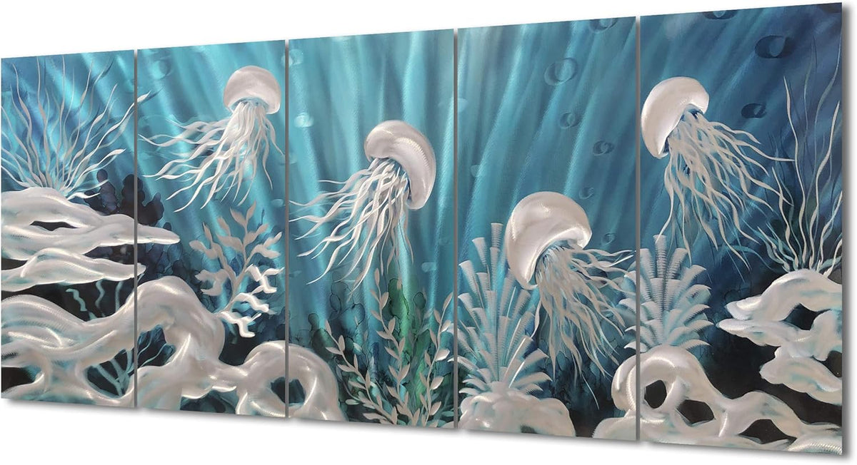 Yihui Arts Blue Deep Sea Metal Wall Art, Large Jellyfish Metal Artwork in Modern Ocean Design, 3D Wall Art for Modern and Contemporary Decor, 5-Panels, Metal Wall Decor