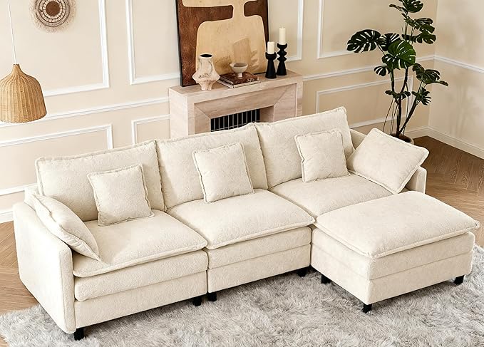 Claiks 110" Modular Sectional Sofa, Cloud Couch with Ottoman, L-Shaped 4-Seater Sofa in Chenille Fabric, Deep Seat Comfy Couch with Pillows for Living Room & Offices, Beige
