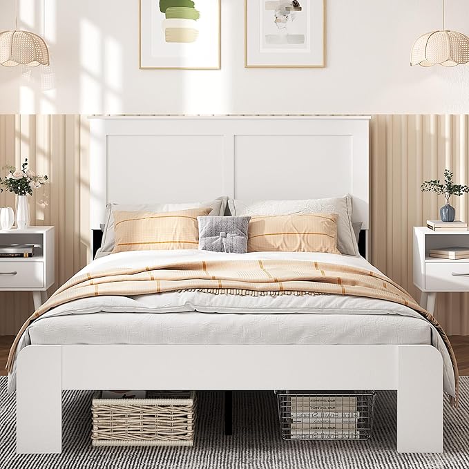 Full Size Bed Frame, Rustic Vintage Platform Bed Frame with Wood Headboard and Footboard, 12 Wood Slats Support, No Box Spring Needed (White, Full)