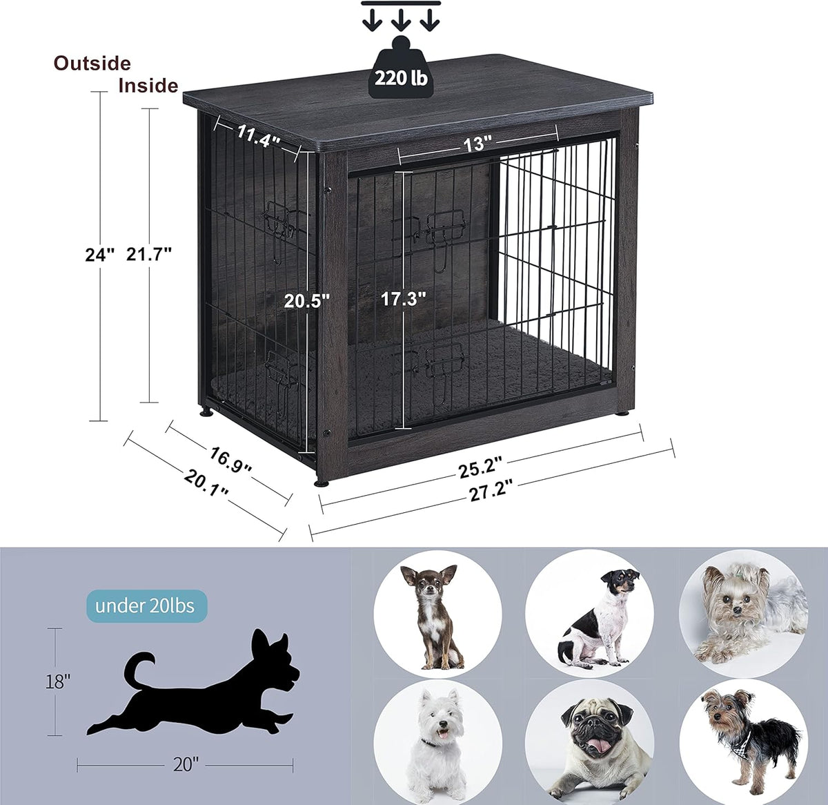 DWANTON Dog Crate Furniture with Cushion, Wooden Kennel Table with Double Doors, Indoor Dog House, Small/Medium/Large/Extra Large Size, 27.2" L, Dark Gray