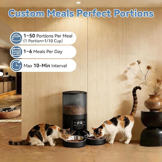 DUMOS 6L Automatic Cat Feeder for 2 Cats, Timed Pet Food Dispenser, Black | 2 Stainless Bowls, 10s Voice Call, Dual Power Supply, 6 Meals Per Day, 50 Portions Per Meal, Dual Pet Feeder for Cat and Dog