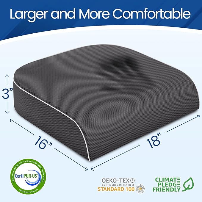Seat Cushion for Tailbone Pain Relief, Office Chair Cushion, Memory Foam Large Chair Cushion with Non-Slip Cover for Soft Support at Office Chair, Car Seat, Airplane Grey/Large