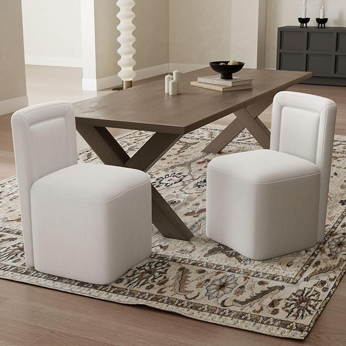 White Upholstered Dining Chairs Set of 2, Armless Modern Linen Dining Chairs with High Back, Kitchen Chair for Dining Room/Restaurant/Living Room