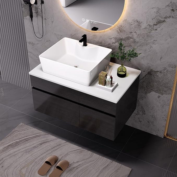 Goujxcy 31.5" Wall Mounted Bathroom Vanity with Sink, Modern Floating Bathroom Cabinet with Ceramic Sink & Storage, Wood Hanging Bath Room Cabinet with Soft-Close System (White & Black)