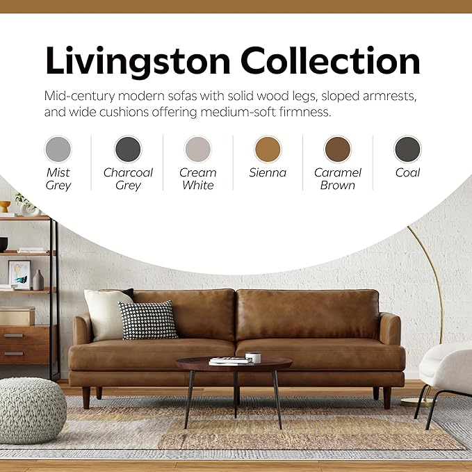 SIMPLIHOME Livingston 90-inch Wide Sofa in Caramel Brown Top Grain Genuine Leather, Handcrafted Mid-Century Modern Couch for Living Room, Large 3-Seater with Feather-Wrapped Cushions