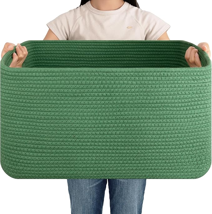 OIAHOMY 75L Large Blanket Basket, Woven Cotton Rope Baskets for Organizing 22”x17”x12”, Blanket Basket living Room, Toy Storage Bins for Nursery, Green