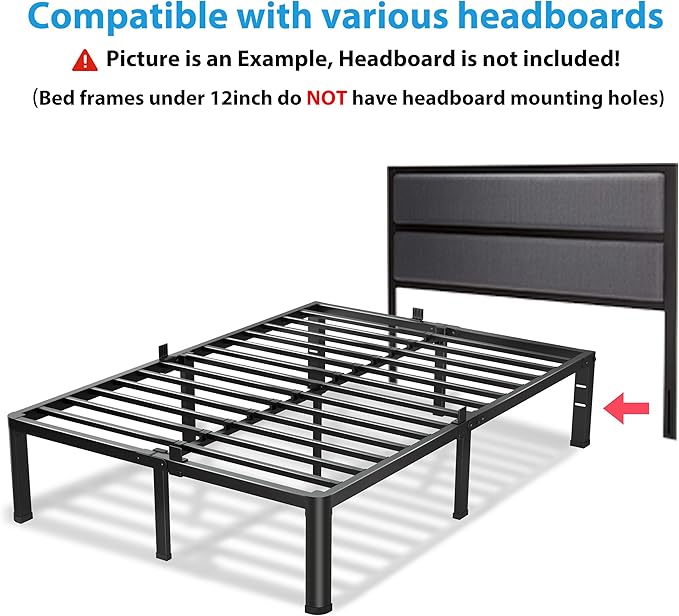 12 Inch Queen Bed Frame, 3500Lbs Heavy Duty Metal Platform with Round Corner Legs Mattress Slide Stopper, Steel Slat Support No Box Spring Needed, Noise Free, Non-Slip, Easy Assembly