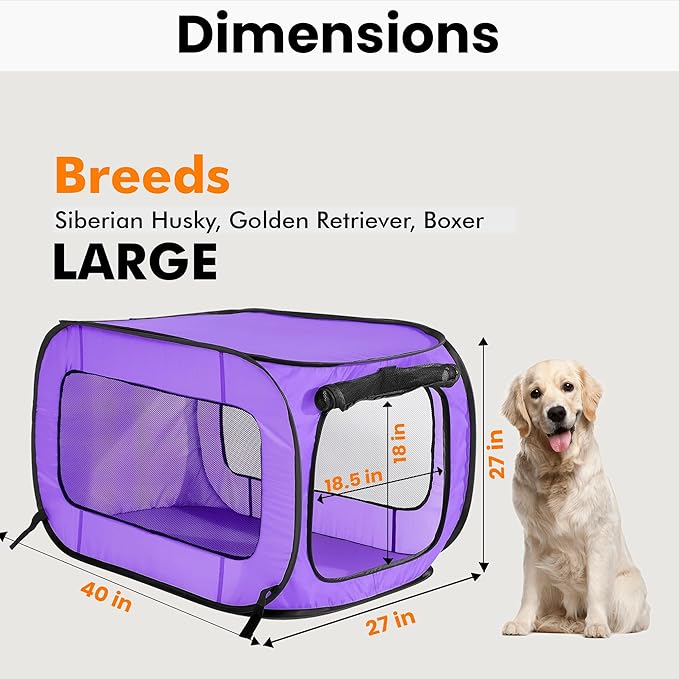 Beatrice Home Fashions Portable, Collapsible, Pop Up Kennel Travel Cat and Dog Crate, 40" L x 27" W x 27" H, Purple