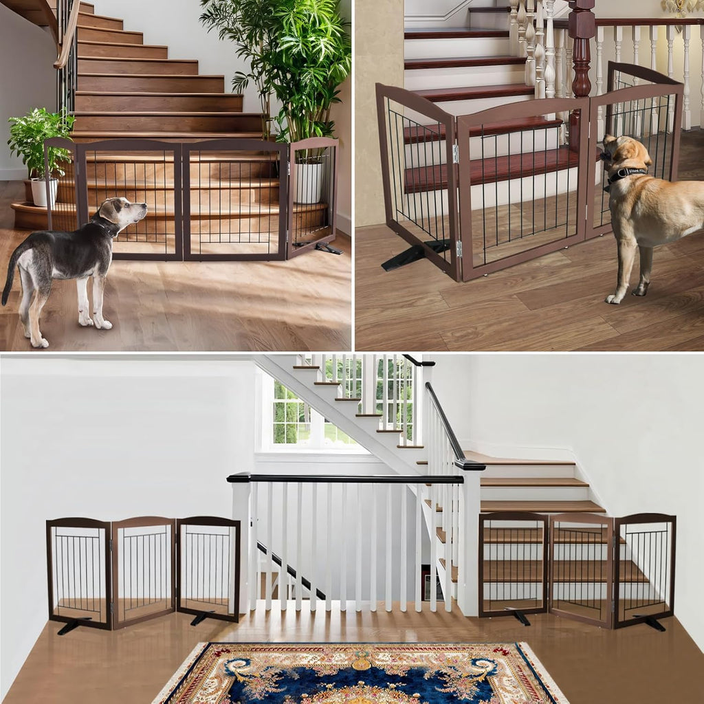 ZJSF Freestanding Dog Fence Indoor, Foldable Dog Gate for Doorways, Stairs or Hallways, Sturdy Wood Extra Wide Pet Gate with Support Feet for The House, Brown, 24 "Height-6 Panels