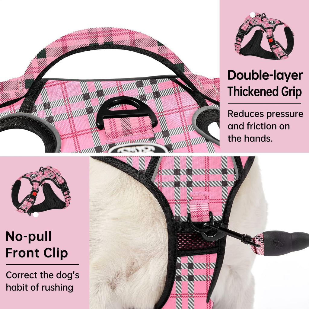 IVY&LANE No Pull Dog Harness with Leash Set, Reflective No Choke Pet Vest,Adjustable Oxford Dog Vest Harness with Easy Control Handle for Large Dogs (Checkered Pink,L)