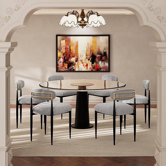 Morden Fort Modern Dining Chairs Set of 6, Boucle Upholstered Kitchen Chairs with Open Back and Black Metal Frame for Dining Room, Kitchen and Reception