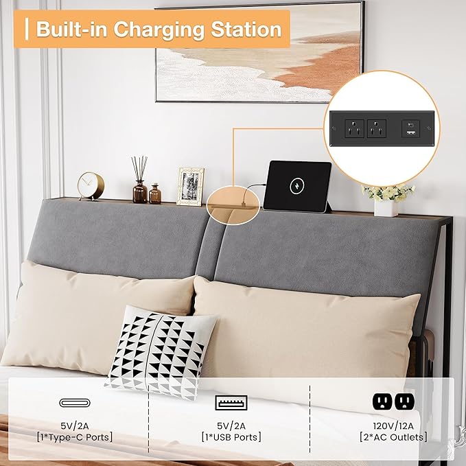 Queen Size Platform Bed Frame with Ergonomic Upholstered Headboard, Built-in Charging Station, Storage Headboard, Sturdy Metal Slats, No Box Spring Needed, Easy Assembly
