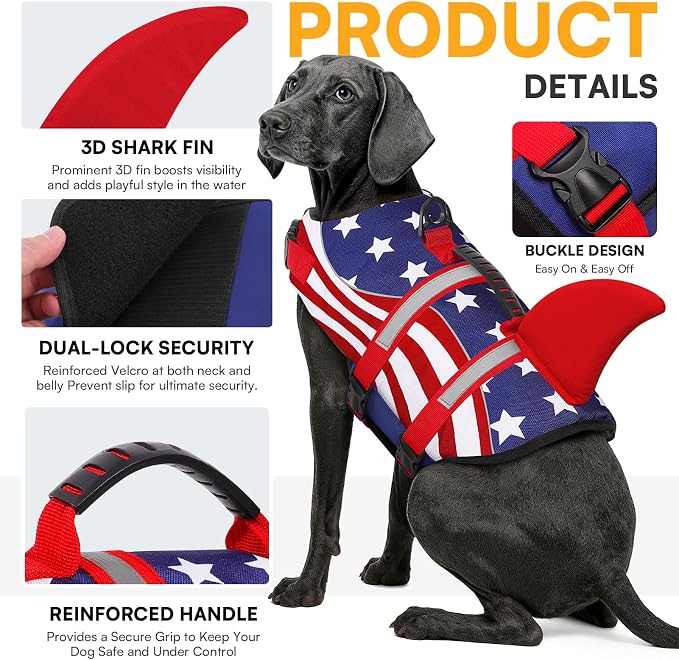 Shark Dog Life Vest for Swimming, Pet Life Vests for Boating, High Buoyant DogLife Jacket, Ripstop High Flotation Swimsui for Small, Medium, Large Dogs (USA Flag,S)