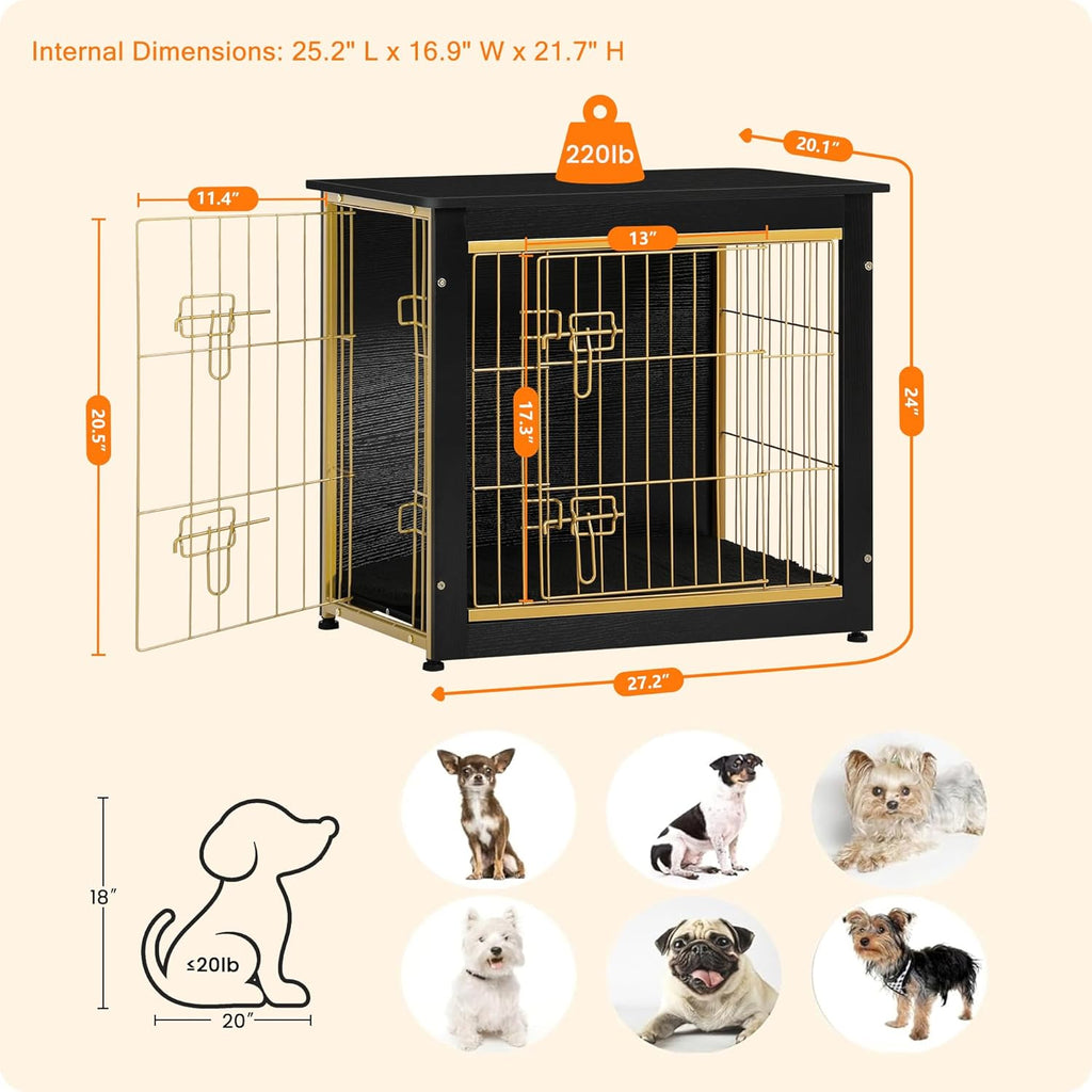DWANTON Dog Crate Furniture with Cushion, Wooden Kennel Table with Double Doors, Indoor Dog House, Small/Medium/Large Size, 27.2" L, Black+Gold