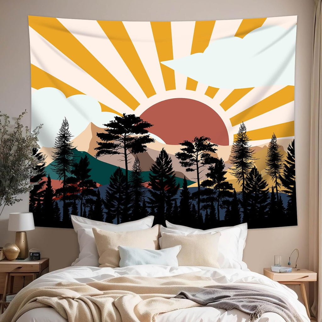 dueeia Boho Sun Tapestry Wall Hanging Abstract Mountain Tree Forest Sunset Sunrise Wall Tapestries for Mens Bedroom Living Room Wall Decor (90.6"x70.9")