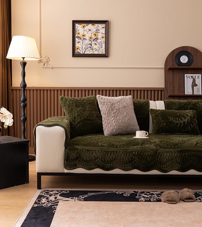 Green Fuzzy Rabbit Plush Sofa Cover Cozy Warm Sofa Couch Covers with 3D Jacquard Leaf Pattern Non-Slip Easy-to-Install Shaggy Sofa Slipcover Prefect for Kids Dogs Cats Cats(Green,36"x110")