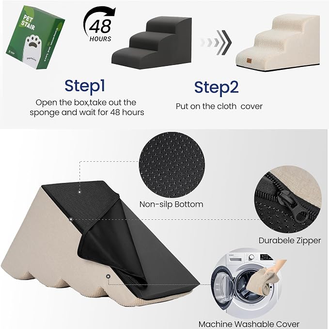 GoGoBunny Ramp Dog Stairs for Couch Sofa and Chair 15.7" H, 3-Step Pet Steps for Small Dogs and Cats, Non-Slip Waterproof Fabric Cover, Stable and Balanced Indoor Step, Pets Friendly, Beige